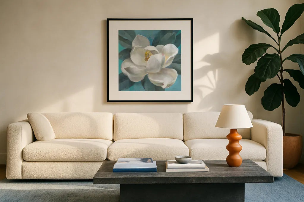 Southern Bloom by Danhui Nai. Displayed in a glass frame with matte in a clean modern living room. Available as an archival giclee rolled canvas, fine art paper, or poster print. SKU 66049a.