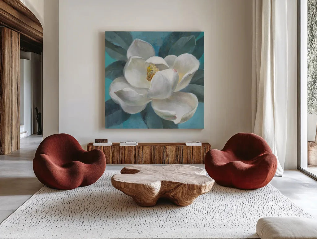 Southern Bloom by Danhui Nai. Shown as extra-large giant wall art in a modern living room. Available as an archival giclee rolled canvas, fine art paper, or poster print. SKU 66049a.