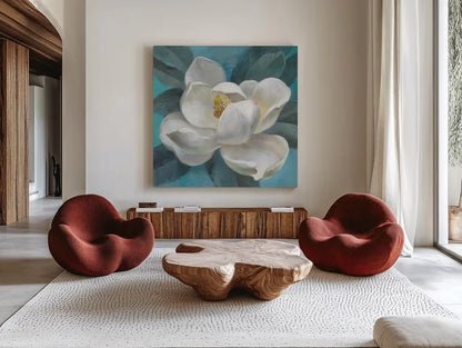 Southern Bloom by Danhui Nai. Shown as extra-large giant wall art in a modern living room. Available as an archival giclee rolled canvas, fine art paper, or poster print. SKU 66049a.