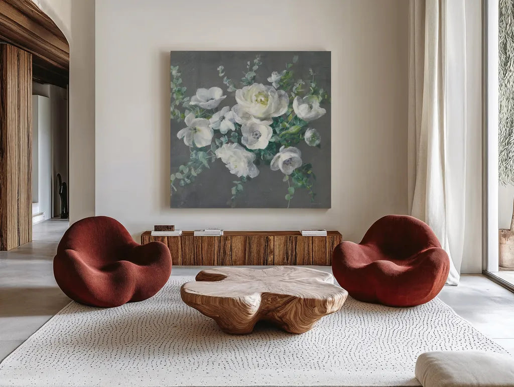 Special Day Crop by Danhui Nai. Shown as extra-large giant wall art in a modern living room. Available as an archival giclee rolled canvas, fine art paper, or poster print. SKU 48992a.