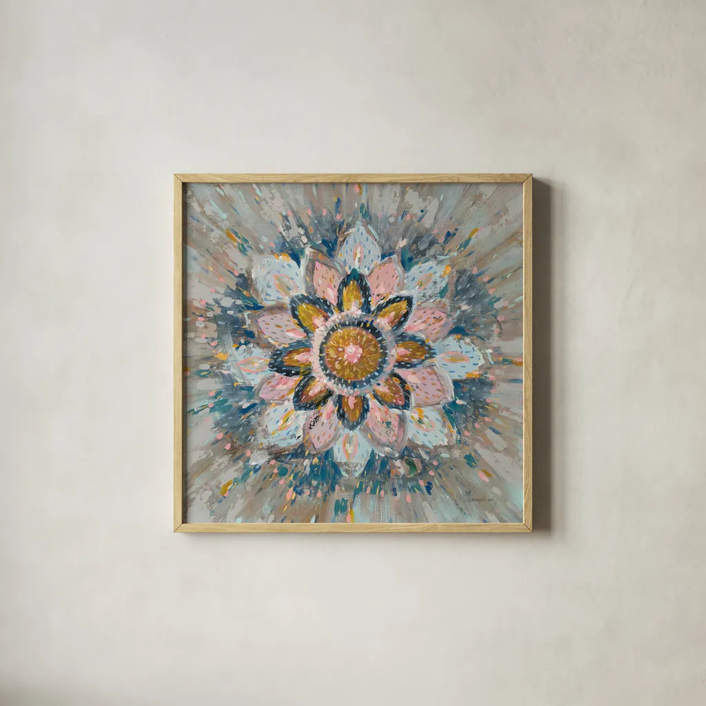 Spice Mandala by Danhui Nai. Shown in a natural wood glass frame for a timeless modern aesthetic. Available as an archival giclee rolled canvas, fine art paper, or poster print. SKU 75854a.