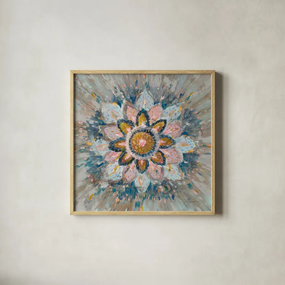Spice Mandala by Danhui Nai. Shown in a natural wood glass frame for a timeless modern aesthetic. Available as an archival giclee rolled canvas, fine art paper, or poster print. SKU 75854a.