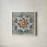 Spice Mandala by Danhui Nai. Shown in a crisp white glass frame for a clean and minimalist style. Available as an archival giclee rolled canvas, fine art paper, or poster print. SKU 75854a.