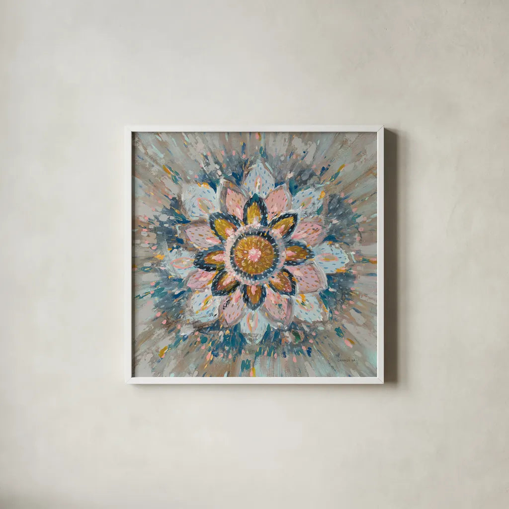 Spice Mandala by Danhui Nai. Shown in a crisp white glass frame for a clean and minimalist style. Available as an archival giclee rolled canvas, fine art paper, or poster print. SKU 75854a.