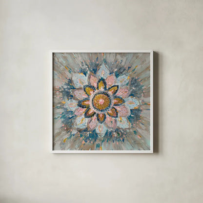 Spice Mandala by Danhui Nai. Shown in a crisp white glass frame for a clean and minimalist style. Available as an archival giclee rolled canvas, fine art paper, or poster print. SKU 75854a.
