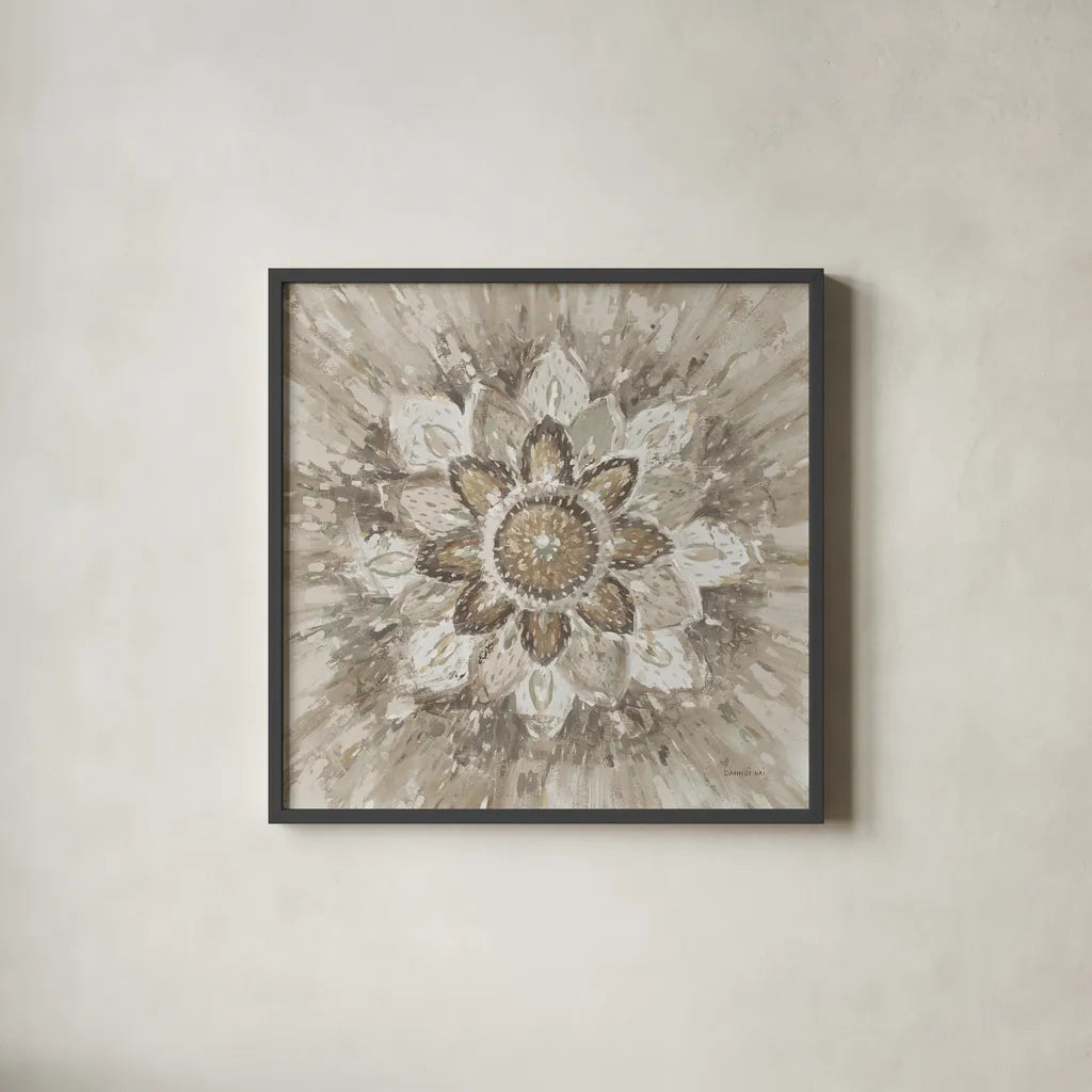 Spice Mandala Neutral by Danhui Nai. Shown in a sleek black glass frame for a contemporary gallery look. Available as an archival giclee rolled canvas, fine art paper, or poster print. SKU 77425a.