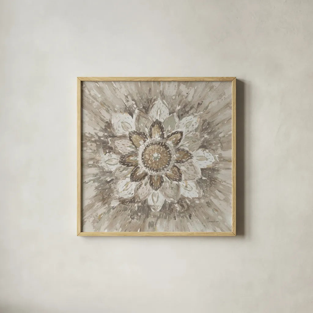 Spice Mandala Neutral by Danhui Nai. Shown in a natural wood glass frame for a timeless modern aesthetic. Available as an archival giclee rolled canvas, fine art paper, or poster print. SKU 77425a.