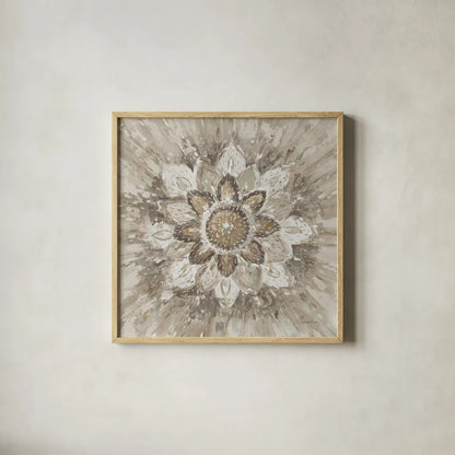 Spice Mandala Neutral by Danhui Nai. Shown in a natural wood glass frame for a timeless modern aesthetic. Available as an archival giclee rolled canvas, fine art paper, or poster print. SKU 77425a.