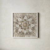 Spice Mandala Neutral by Danhui Nai. Shown in a crisp white glass frame for a clean and minimalist style. Available as an archival giclee rolled canvas, fine art paper, or poster print. SKU 77425a.