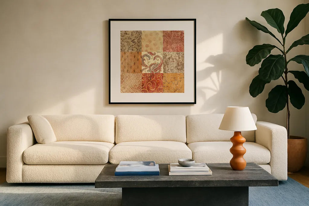 Spiced Up by Danhui Nai. Displayed in a glass frame with matte in a clean modern living room. Available as an archival giclee rolled canvas, fine art paper, or poster print. SKU 2805a.