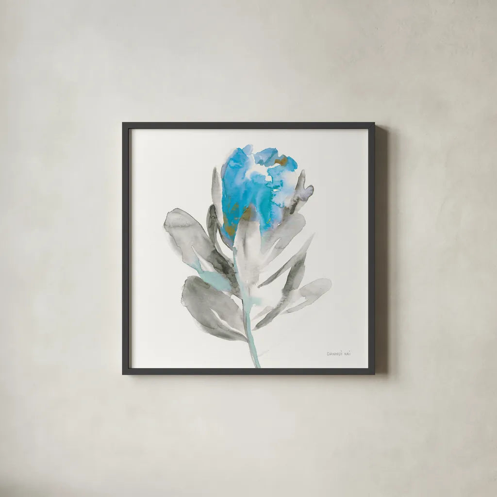 Spirit Flower I Blue Crop by Danhui Nai. Shown in a sleek black glass frame for a contemporary gallery look. Available as an archival giclee rolled canvas, fine art paper, or poster print. SKU 75577a.