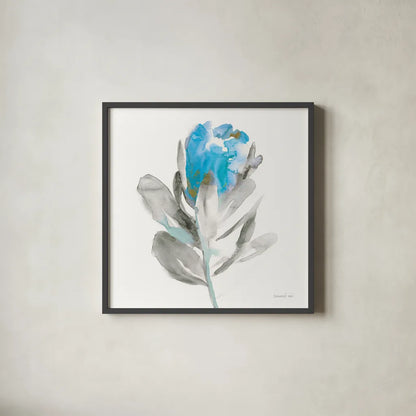 Spirit Flower I Blue Crop by Danhui Nai. Shown in a sleek black glass frame for a contemporary gallery look. Available as an archival giclee rolled canvas, fine art paper, or poster print. SKU 75577a.