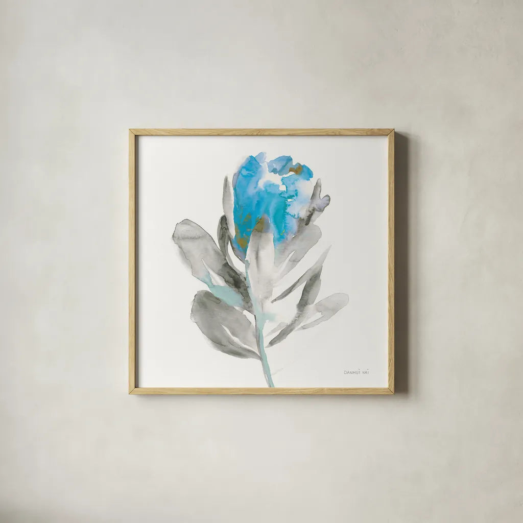 Spirit Flower I Blue Crop by Danhui Nai. Shown in a natural wood glass frame for a timeless modern aesthetic. Available as an archival giclee rolled canvas, fine art paper, or poster print. SKU 75577a.