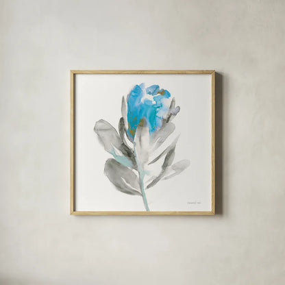 Spirit Flower I Blue Crop by Danhui Nai. Shown in a natural wood glass frame for a timeless modern aesthetic. Available as an archival giclee rolled canvas, fine art paper, or poster print. SKU 75577a.