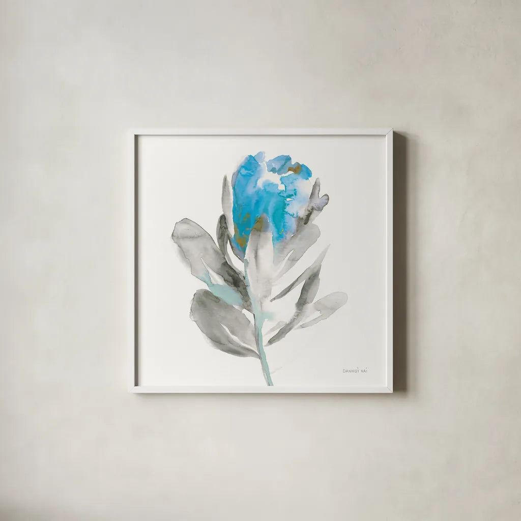 Spirit Flower I Blue Crop by Danhui Nai. Shown in a crisp white glass frame for a clean and minimalist style. Available as an archival giclee rolled canvas, fine art paper, or poster print. SKU 75577a.
