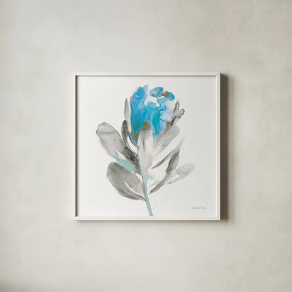Spirit Flower I Blue Crop by Danhui Nai. Shown in a crisp white glass frame for a clean and minimalist style. Available as an archival giclee rolled canvas, fine art paper, or poster print. SKU 75577a.