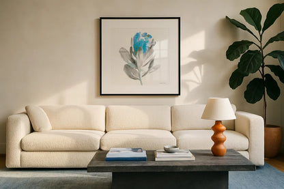 Spirit Flower I Blue Crop by Danhui Nai. Displayed in a glass frame with matte in a clean modern living room. Available as an archival giclee rolled canvas, fine art paper, or poster print. SKU 75577a.