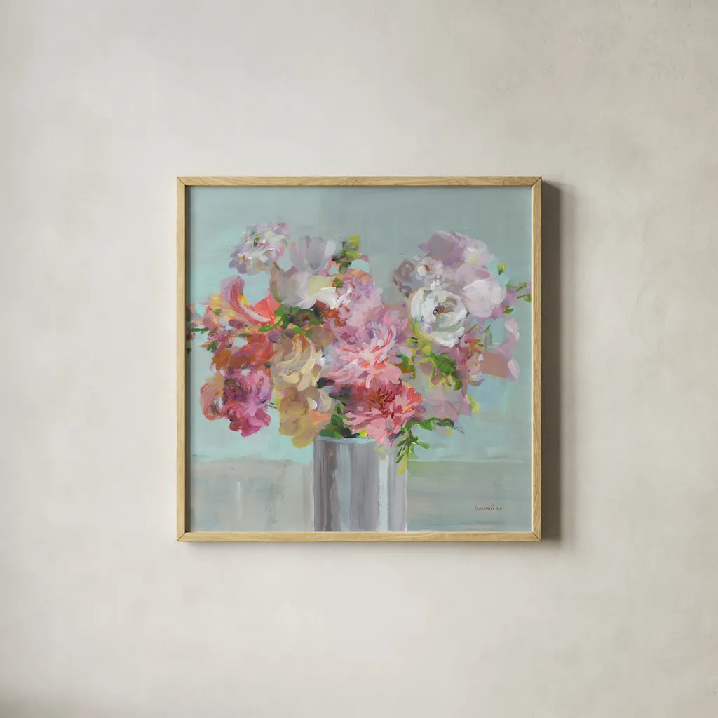 Spring Beauties by Danhui Nai. Shown in a natural wood glass frame for a timeless modern aesthetic. Available as an archival giclee rolled canvas, fine art paper, or poster print. SKU 78202a.