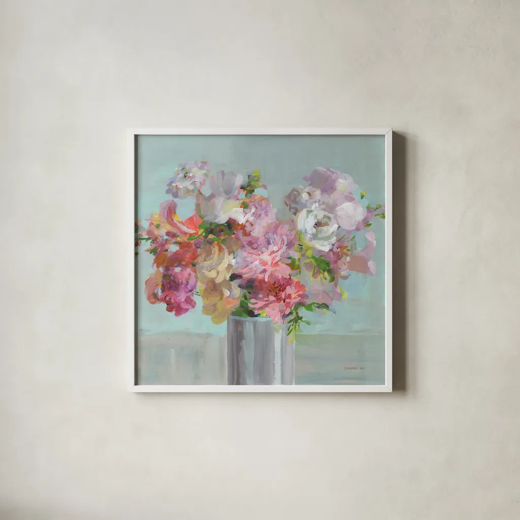 Spring Beauties by Danhui Nai. Shown in a crisp white glass frame for a clean and minimalist style. Available as an archival giclee rolled canvas, fine art paper, or poster print. SKU 78202a.