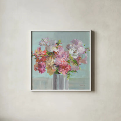 Spring Beauties by Danhui Nai. Shown in a crisp white glass frame for a clean and minimalist style. Available as an archival giclee rolled canvas, fine art paper, or poster print. SKU 78202a.