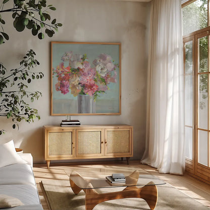 Spring Beauties by Danhui Nai. Shown in a natural wood frame in a cozy modern living room. Available as an archival giclee rolled canvas, fine art paper, or poster print. SKU 78202a.