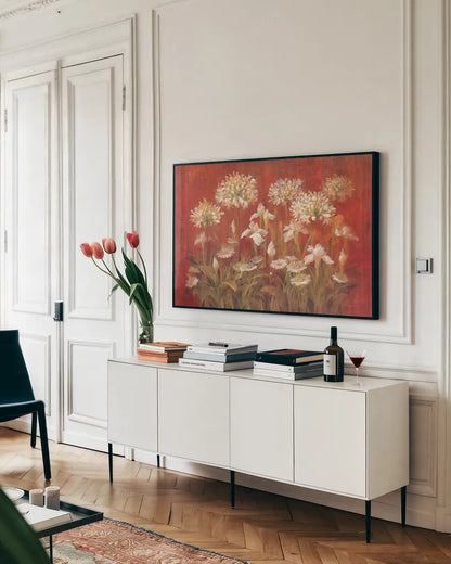 Spring Blossoms by Danhui Nai. shown as a framed stretched canvas in a living room above a console. Available as a archival giclee rolled canvas, fine art paper, or poster print. SKU 68135i.