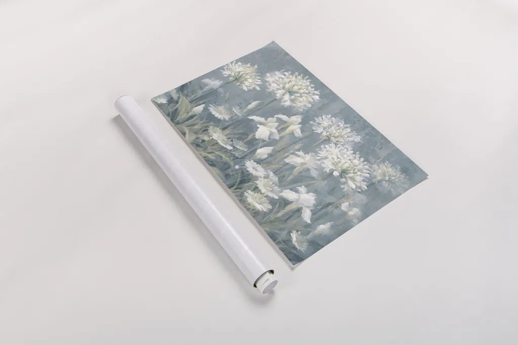 Spring Blossoms II Slate Blue by Danhui Nai. shown as a rolled paper print. Available as archival giclee rolled canvas, fine art paper, or poster print. SKU 85447i.