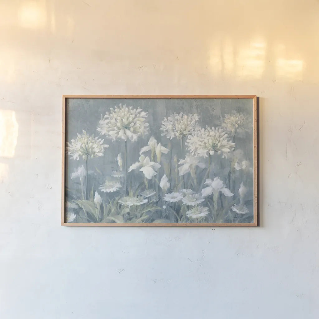 Spring Blossoms II Slate Blue by Danhui Nai. shown as a paper print in a natural frame. Available as a archival giclee rolled canvas, fine art paper, or poster print. SKU 85447i.