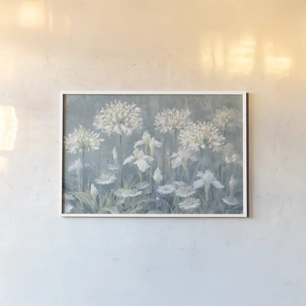 Spring Blossoms II Slate Blue by Danhui Nai. shown as a paper print in a white frame. Available as a archival giclee rolled canvas, fine art paper, or poster print. SKU 85447i.