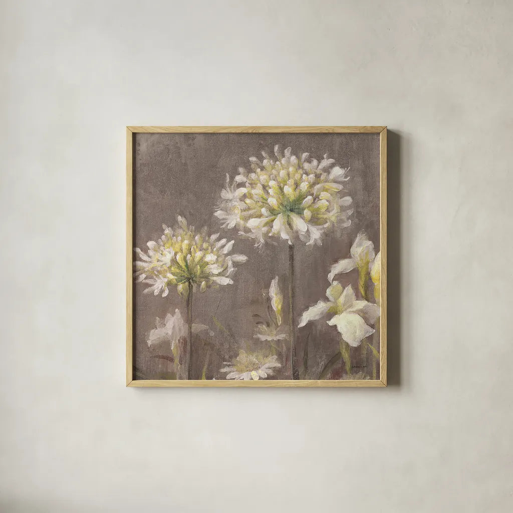 Spring Blossoms Neutral III by Danhui Nai. Shown in a natural wood glass frame for a timeless modern aesthetic. Available as an archival giclee rolled canvas, fine art paper, or poster print. SKU 22144a.