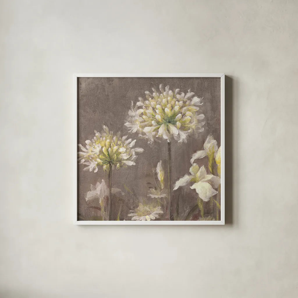 Spring Blossoms Neutral III by Danhui Nai. Shown in a crisp white glass frame for a clean and minimalist style. Available as an archival giclee rolled canvas, fine art paper, or poster print. SKU 22144a.