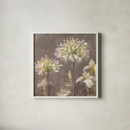 Spring Blossoms Neutral III by Danhui Nai. Shown in a crisp white glass frame for a clean and minimalist style. Available as an archival giclee rolled canvas, fine art paper, or poster print. SKU 22144a.