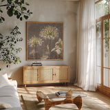 Spring Blossoms Neutral III by Danhui Nai. Shown in a natural wood frame in a cozy modern living room. Available as an archival giclee rolled canvas, fine art paper, or poster print. SKU 22144a.
