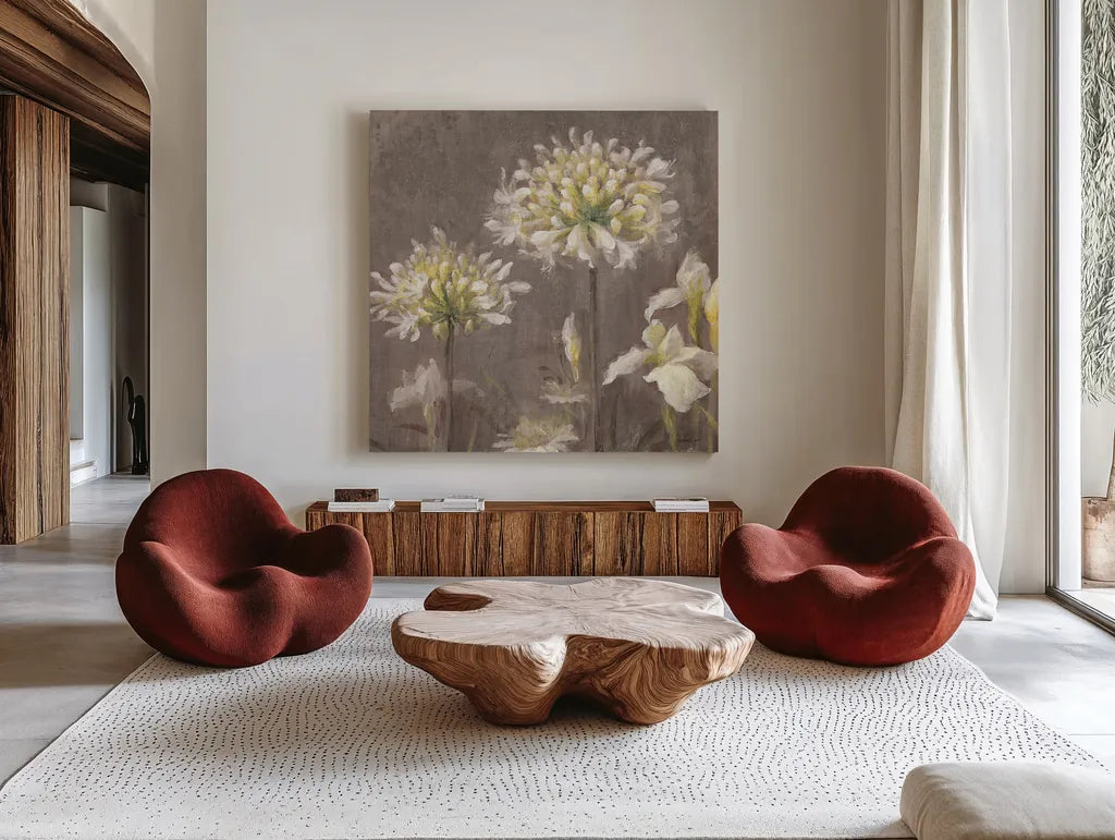 Spring Blossoms Neutral III by Danhui Nai. Shown as extra-large giant wall art in a modern living room. Available as an archival giclee rolled canvas, fine art paper, or poster print. SKU 22144a.