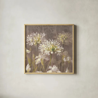 Spring Blossoms Neutral IV by Danhui Nai. Shown in a natural wood glass frame for a timeless modern aesthetic. Available as an archival giclee rolled canvas, fine art paper, or poster print. SKU 22145a.