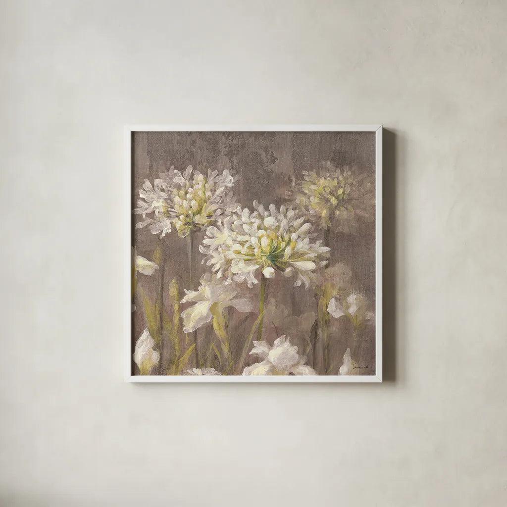 Spring Blossoms Neutral IV by Danhui Nai. Shown in a crisp white glass frame for a clean and minimalist style. Available as an archival giclee rolled canvas, fine art paper, or poster print. SKU 22145a.