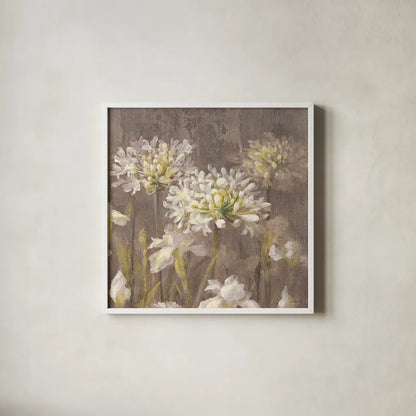 Spring Blossoms Neutral IV by Danhui Nai. Shown in a crisp white glass frame for a clean and minimalist style. Available as an archival giclee rolled canvas, fine art paper, or poster print. SKU 22145a.