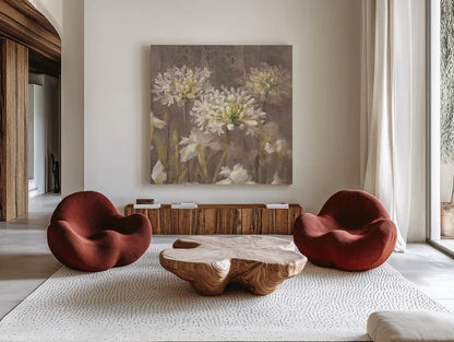 Spring Blossoms Neutral IV by Danhui Nai. Shown as extra-large giant wall art in a modern living room. Available as an archival giclee rolled canvas, fine art paper, or poster print. SKU 22145a.