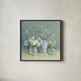 Spring Blossoms Still Life by Danhui Nai. Shown in a sleek black glass frame for a contemporary gallery look. Available as an archival giclee rolled canvas, fine art paper, or poster print. SKU 9376a.