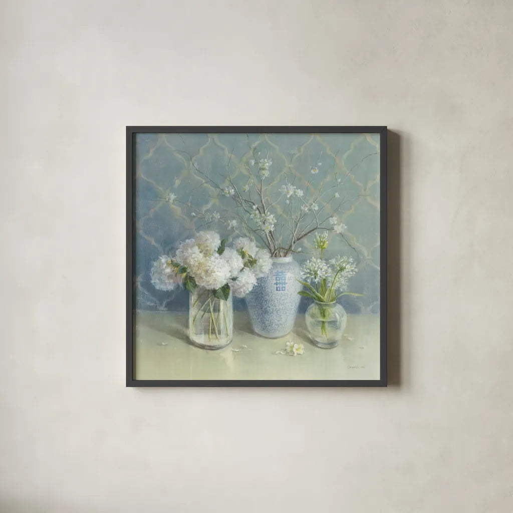 Spring Blossoms Still Life by Danhui Nai. Shown in a sleek black glass frame for a contemporary gallery look. Available as an archival giclee rolled canvas, fine art paper, or poster print. SKU 9376a.