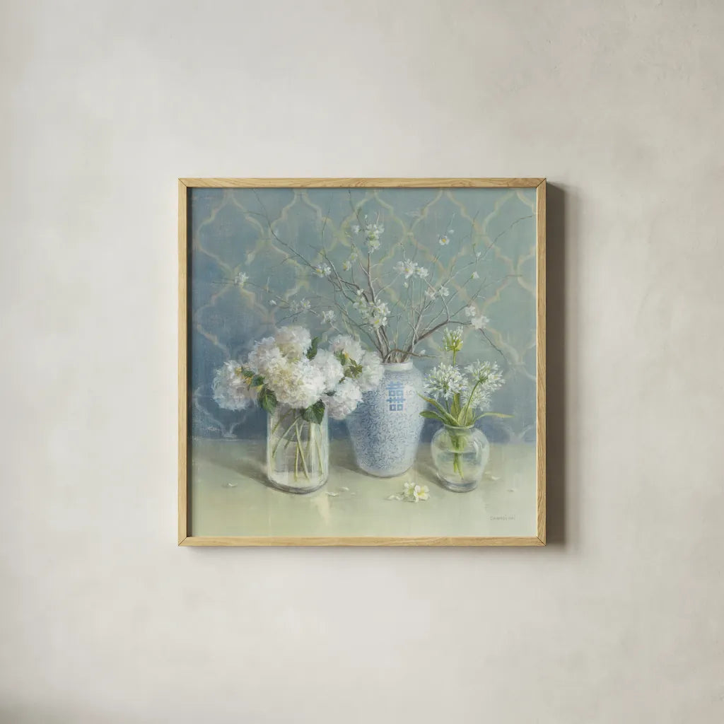 Spring Blossoms Still Life by Danhui Nai. Shown in a natural wood glass frame for a timeless modern aesthetic. Available as an archival giclee rolled canvas, fine art paper, or poster print. SKU 9376a.