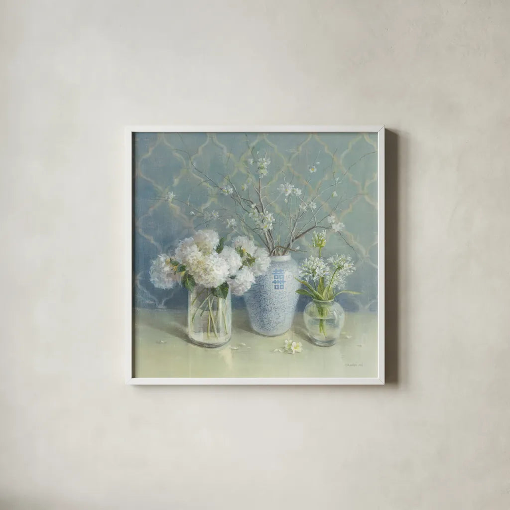 Spring Blossoms Still Life by Danhui Nai. Shown in a crisp white glass frame for a clean and minimalist style. Available as an archival giclee rolled canvas, fine art paper, or poster print. SKU 9376a.