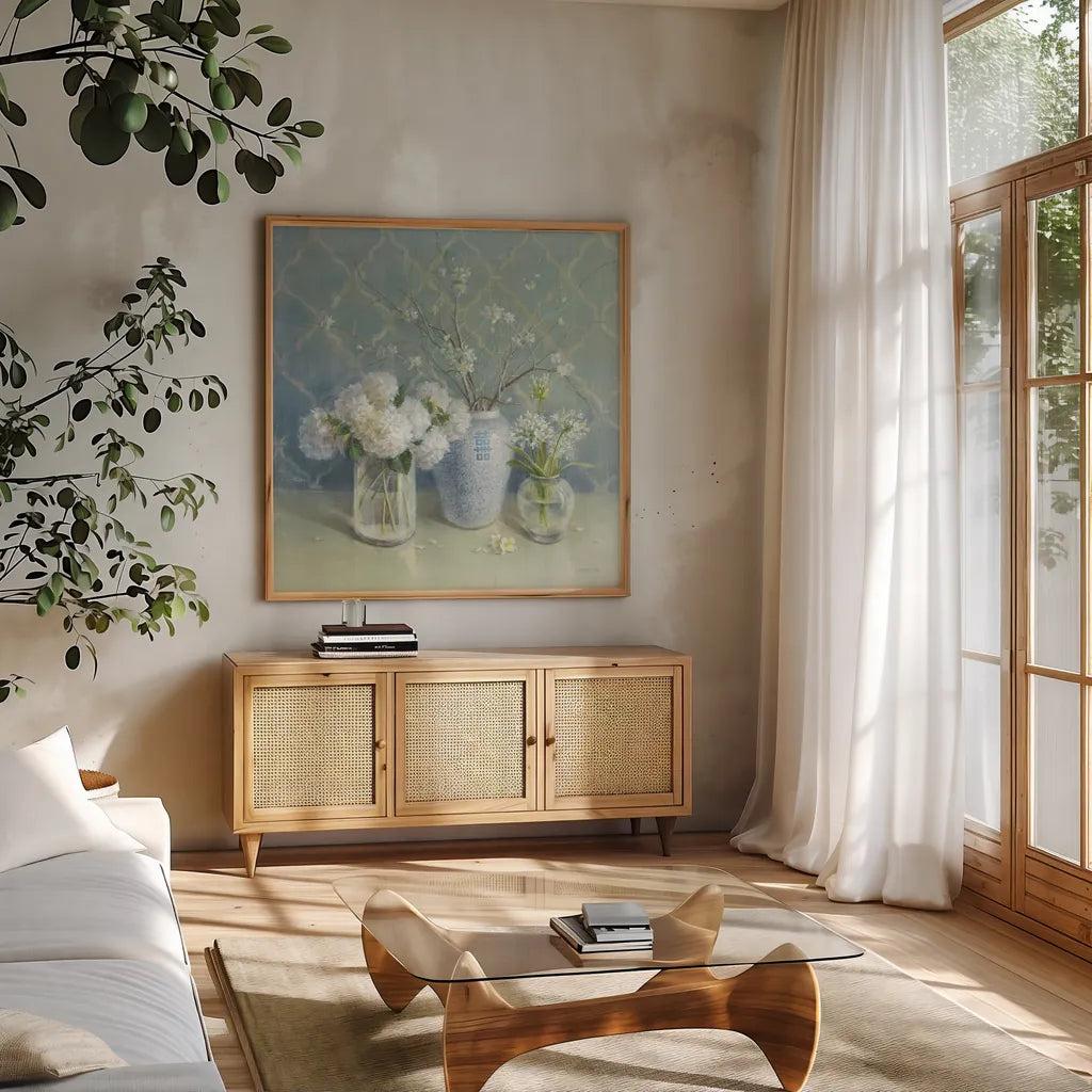 Spring Blossoms Still Life by Danhui Nai. Shown in a natural wood frame in a cozy modern living room. Available as an archival giclee rolled canvas, fine art paper, or poster print. SKU 9376a.