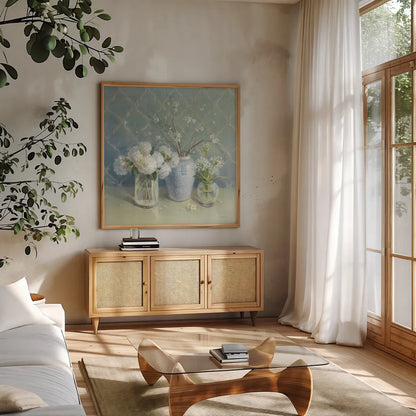 Spring Blossoms Still Life by Danhui Nai. Shown in a natural wood frame in a cozy modern living room. Available as an archival giclee rolled canvas, fine art paper, or poster print. SKU 9376a.