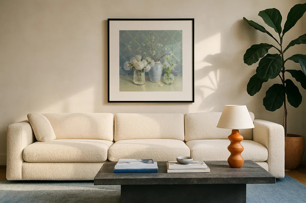 Spring Blossoms Still Life by Danhui Nai. Displayed in a glass frame with matte in a clean modern living room. Available as an archival giclee rolled canvas, fine art paper, or poster print. SKU 9376a.