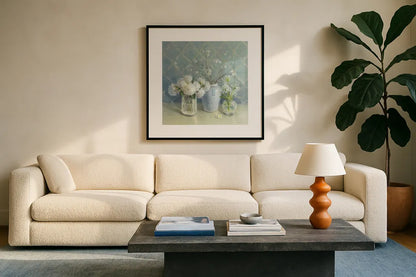 Spring Blossoms Still Life by Danhui Nai. Displayed in a glass frame with matte in a clean modern living room. Available as an archival giclee rolled canvas, fine art paper, or poster print. SKU 9376a.
