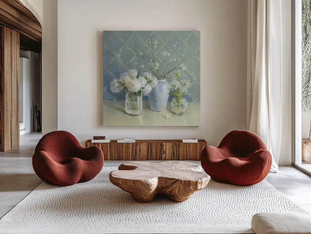 Spring Blossoms Still Life by Danhui Nai. Shown as extra-large giant wall art in a modern living room. Available as an archival giclee rolled canvas, fine art paper, or poster print. SKU 9376a.