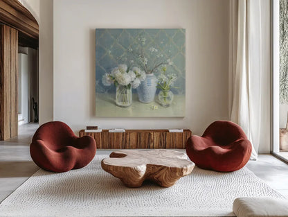 Spring Blossoms Still Life by Danhui Nai. Shown as extra-large giant wall art in a modern living room. Available as an archival giclee rolled canvas, fine art paper, or poster print. SKU 9376a.