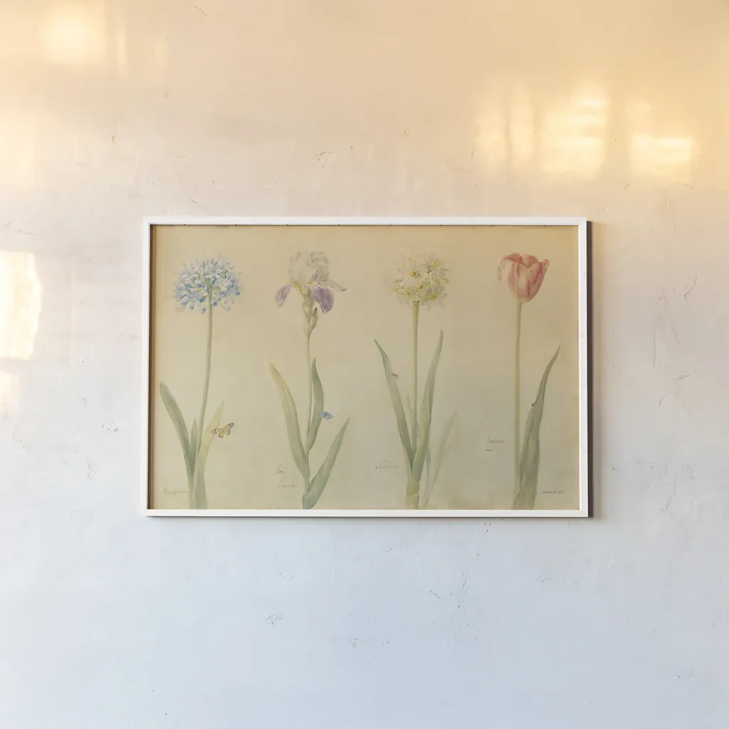 Spring Botanicals by Danhui Nai. shown as a paper print in a white frame. Available as a archival giclee rolled canvas, fine art paper, or poster print. SKU 5589i.