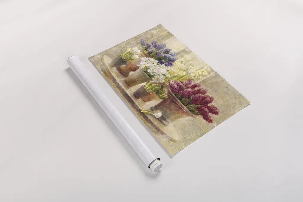 Spring Bulb Still Life by Danhui Nai. shown as a rolled paper print. Available as archival giclee rolled canvas, fine art paper, or poster print. SKU 5443i.